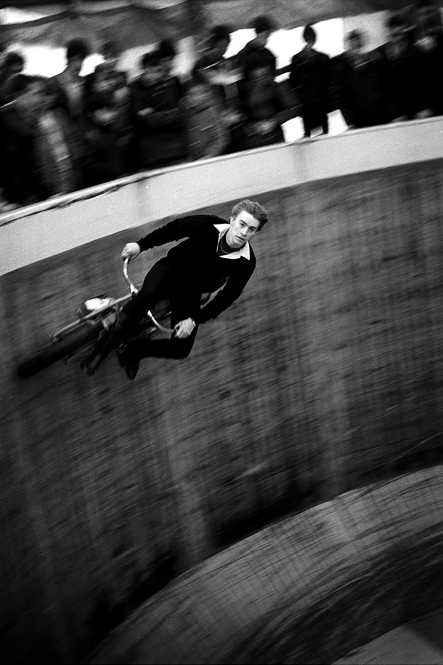 Tommy Mesham riding an Indian Motorcycle on the Wall of Death 1970's